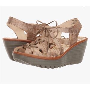 Fly London Yapi lace up wedge sandals Metallic bronze Size 40 = 9-9.5